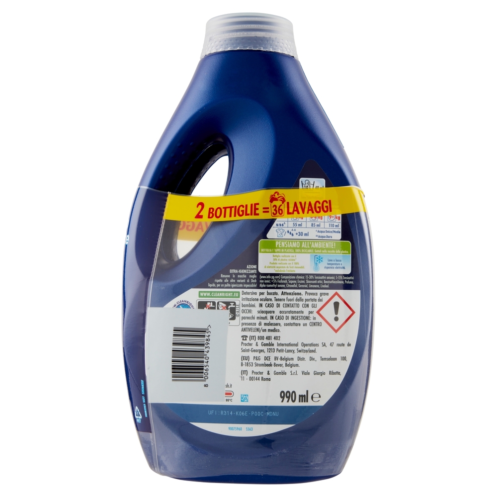 Dash Power Detersivo Lavatrice Liquido per Bucato+Azione Extra-Igienizzante 2x18=36 Lavaggi 2x990 ml